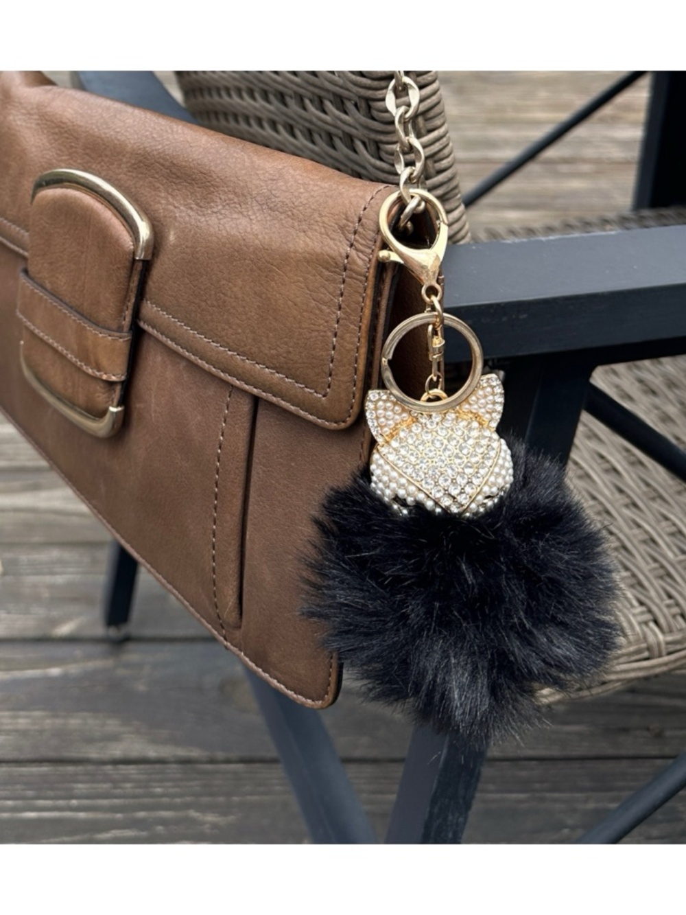 Black Faux Fur Pom Pom Handbag Charm Key Chain 5.5” Rhinestone Fox Accessory